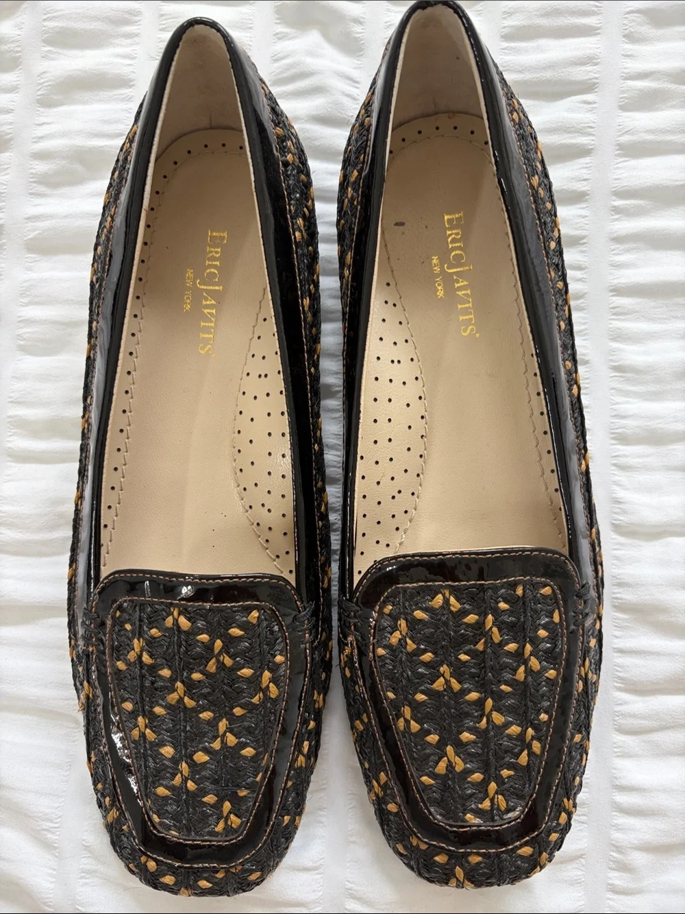 Eric Javits New York Square Toe Black and Tan Woven Loafers. Stylish, Tailored!